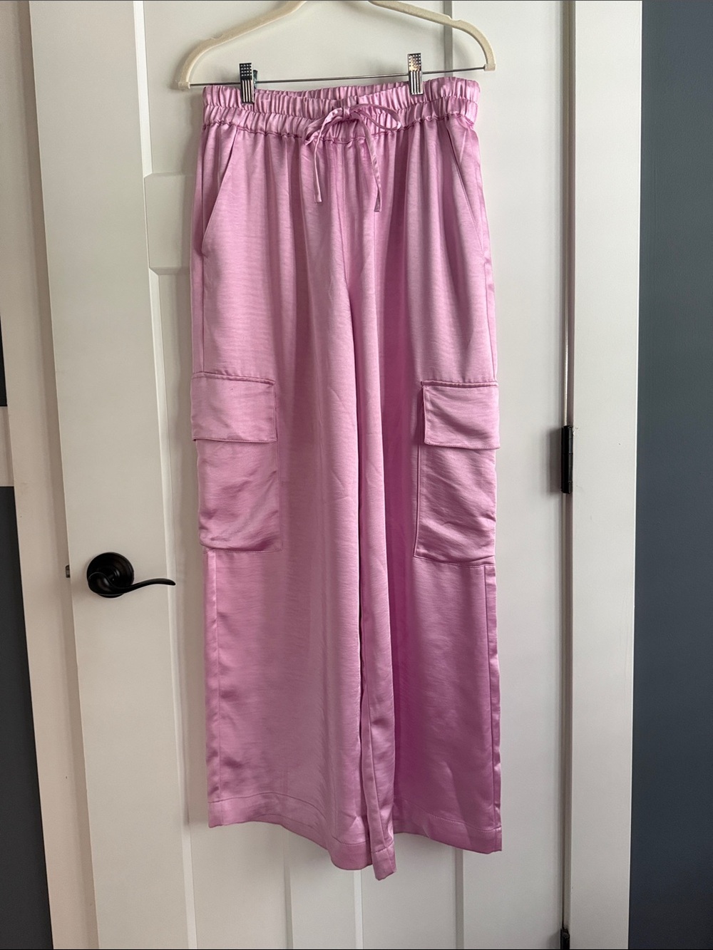 Pink Wide-Leg satin Cargo Pants